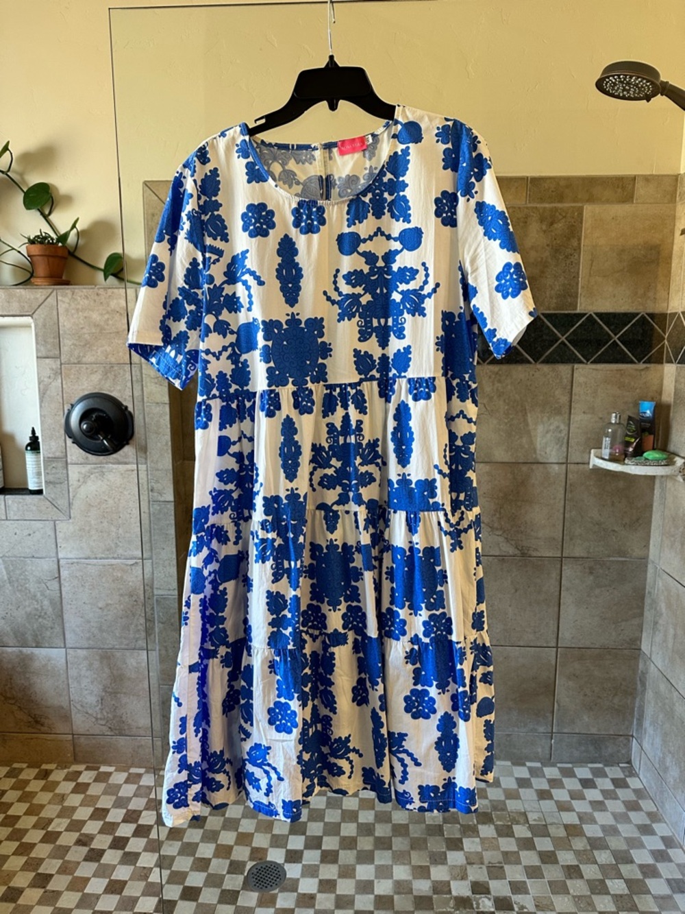 Blue and White Floral Tiered Cotton Midi Dress